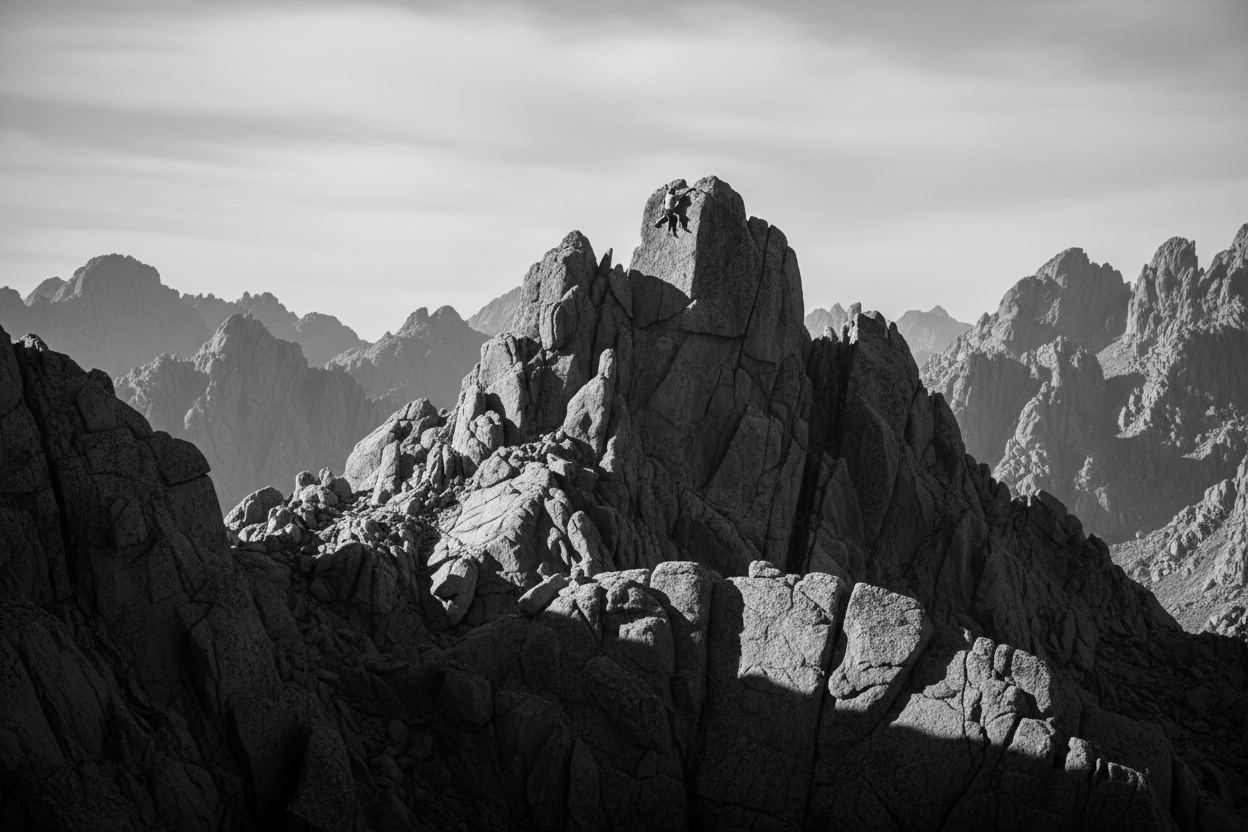 black and white climber in the distance bouldering
